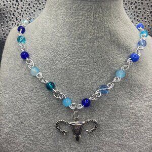 Handmade Uterus Snake Blue Glass Bead Necklace